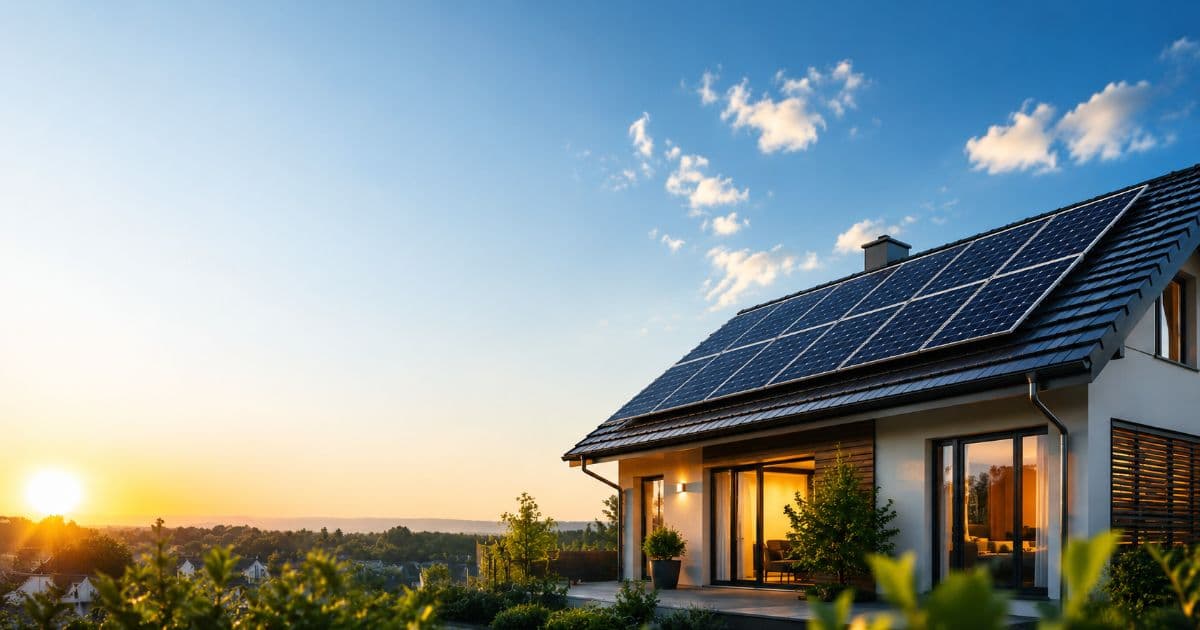 Técnico especializado em equipamento de segurança instalando painéis solares em telhado residencial com vista ensolarada