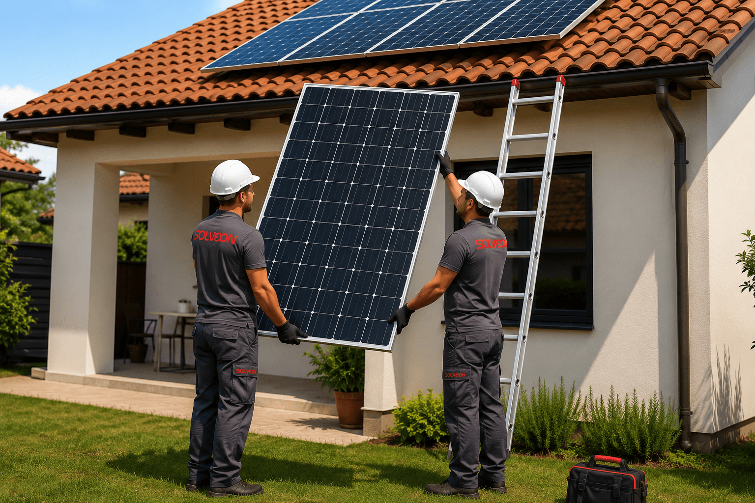 Painéis solares fotovoltaicos instalados em telhado residencial com construção moderna ao fundo em vista panorâmica